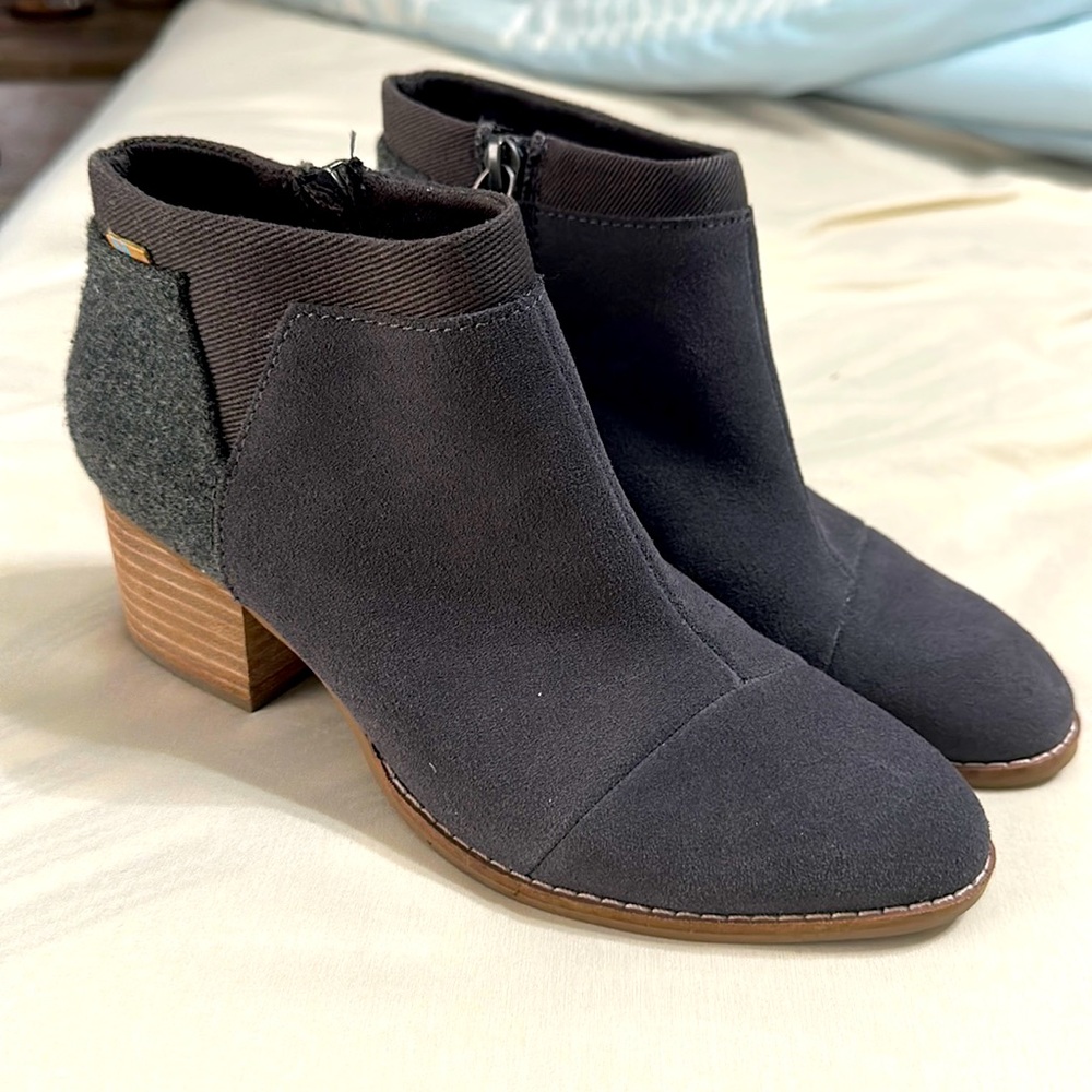 Toms booties, toms heeled booties, heeled booties, gray boots